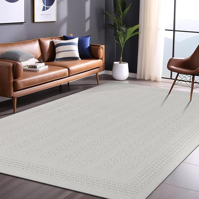 Luul Home Micro Loop Indoor Rug White 5x7 Boho Geometric Neutral Area Rugs for Living Room Soft Luxury Modern Low and High Pile Durable Stain Resistant Non-Shedding Indoor Area Carpet 5 x 7