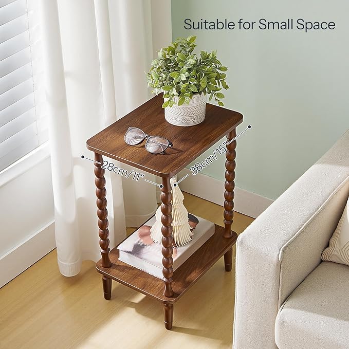 HOOBRO End Table, 2-Tier Small Side Table with Spindle Legs, Nightstand with Storage Shelves, Sofa Side Table, for Living Room, Bedroom, Small Space, Walnut WL189BZ01