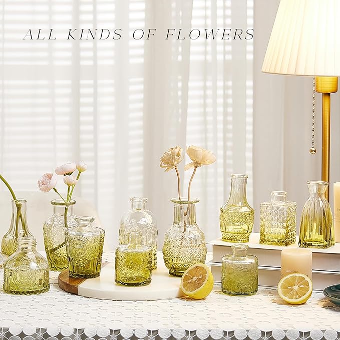 Glass Bud Vase Set of 20, Small Flower Vases, Glass Vases for Centerpieces, Vintage Home Table Decorations Bud Vases (20 Pcs, Green)