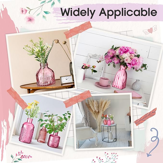 Yaomiao 30 Pcs Vases Bulk Colored Flower Glass Bud Vases Valentine Vintage Colored Glass Bottles Colorful Rustic Embossed for Home Wedding Table Decorations Gifts(Pink Series)