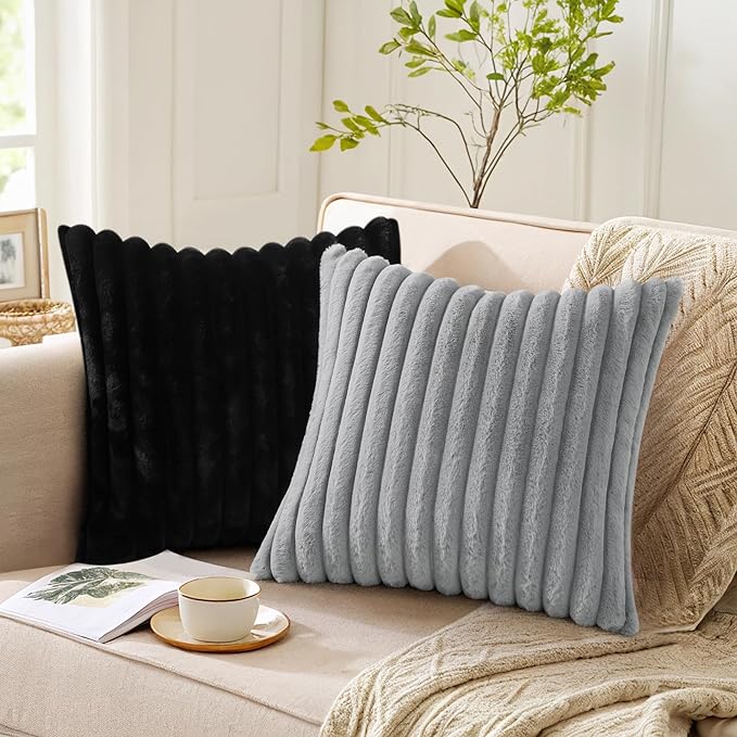 Pallene Faux Fur Plush Lumbar Throw Pillow Covers 12x20 Set of 2, Luxury Soft Fluffy Striped Decorative Pillow Covers for Sofa, Couch, Living Room, Black