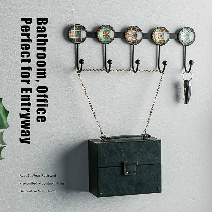 Boho Coat Rack Wall Mounted with 5 Hooks, Forest Theme Mandala Pattern Decorative Wall Hooks for Hanging Hat, Key, Towel, Purse, Bag, and Robe - for Entryway, Bathroom, and Kitche