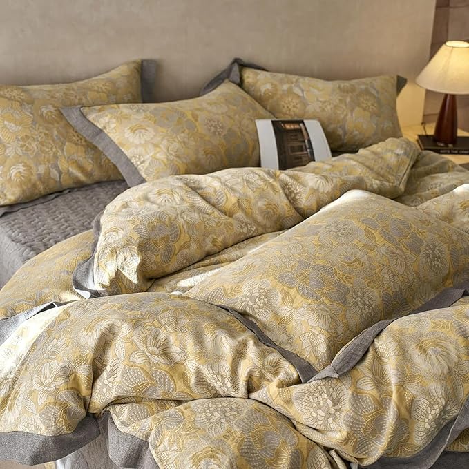 LifeTB Vintage Floral Duvet Cover Set Full Yarn-Dyed Linen Cotton Jacquard Duvet Cover with 2 Pillowcases Yellow Gold Flower Bedding Set Cottagecore Floral Botanical Duvet Cover with Zipper Closure