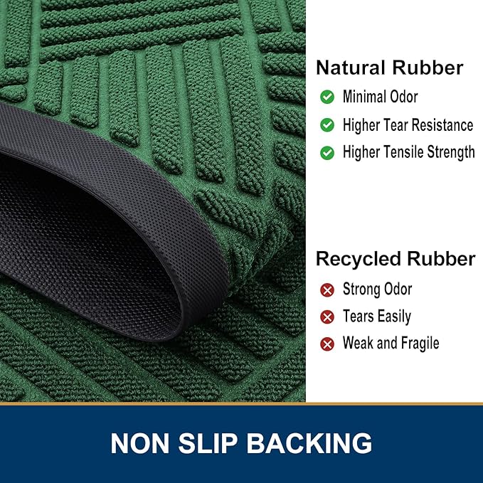 Smiry Front Door Mat Outside Entrance, Heavy Duty Outdoor Indoor Natural Rubber Doormat, Non Slip, Trap Dirt and Moisture, Easy Clean, Low Profile Patio Porch Entryway Mat, 29.5x17, Green