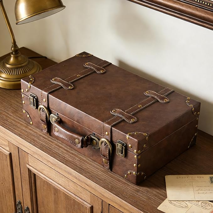 Vintage Leather & Wood Storage Box – Compact Decorative Suitcase Chest with Classic Design, Perfect for Keepsakes, Travel, and Home Organization