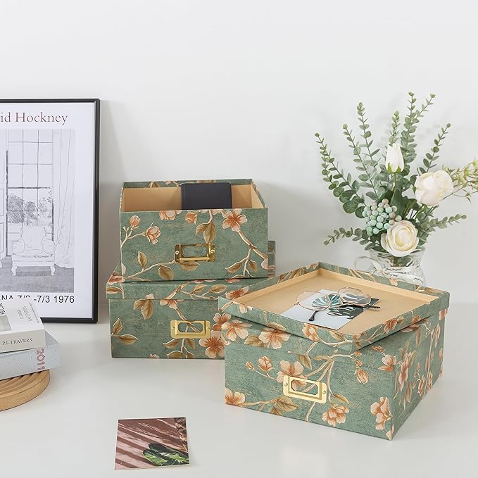 Soul & Lane Decorative Cardboard Storage Boxes - Set of 3 Square Stacking Boxes with Lids and Gold Label Holders, Nesting Photo Storage for Decor and Organizing, Botanical Sage