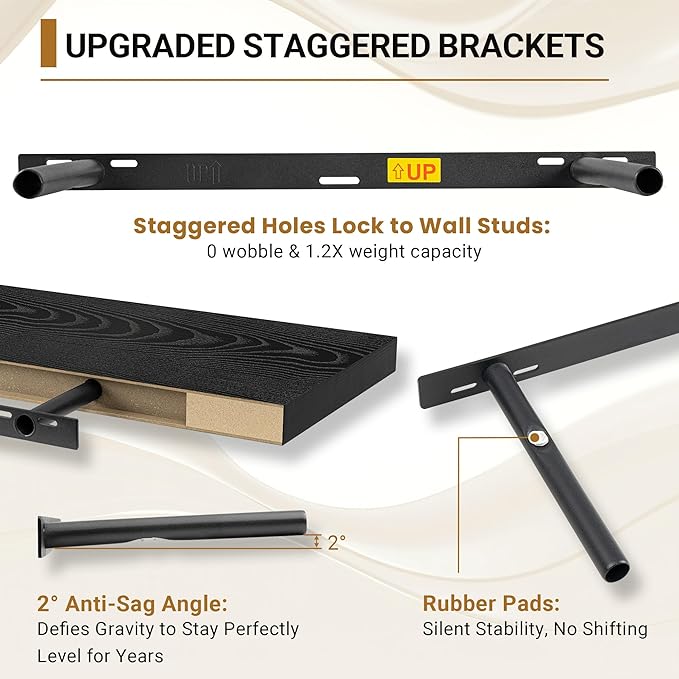 Vivelove Black Floating Shelves 35.4 Inches Wide, 12" Deep Wall Shelves for Bedroom, Bathroom, Living Room, Kitchen, Office, Rustic Home Decor Shelf with Invisible Brackets, 35.4X12X1.5, Set of 2