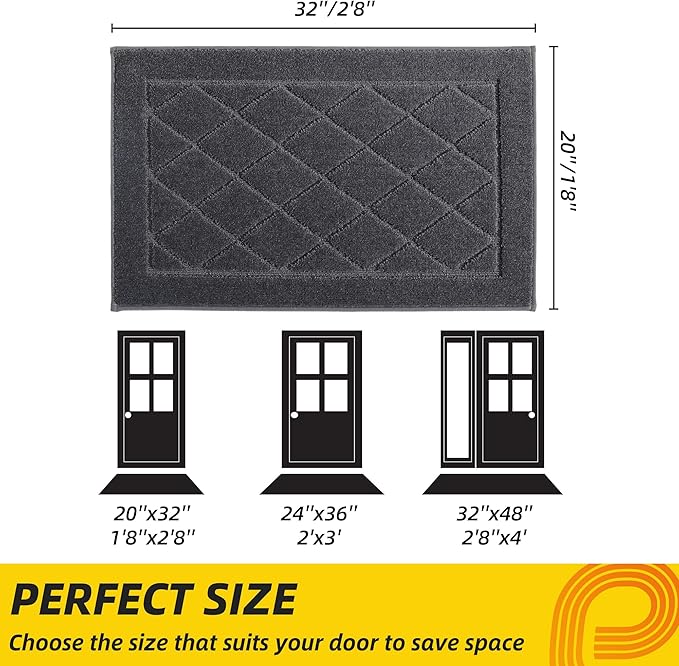 JSEI Dirt Trapper Door Mat 20"x32", Non-Slip Washable Entryway Mats, Dog Door Mat, Stain Resistant and Absorbent Floor Mats, Low Profile Welcome Mat for Front Back Door, Dark Grey