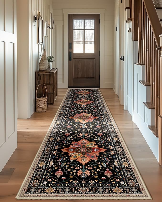 RELEANY Area Rugs 2'x10' Washable Non-Slip, Floral Vintage Distress Print Pattern Medallion Carpet for Living Room Bedroom Dining Room, Black Colorful Floral Dark Tan
