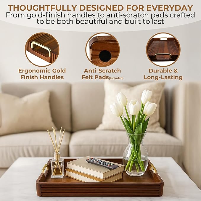 Acacia Wood Serving Tray with Metal Handles  – 17x13in Rustic Decorative Ottoman & Coffee Table Tray for Breakfast in Bed, Dinner, Bar, Kitchen, Home Décor & Entertaining