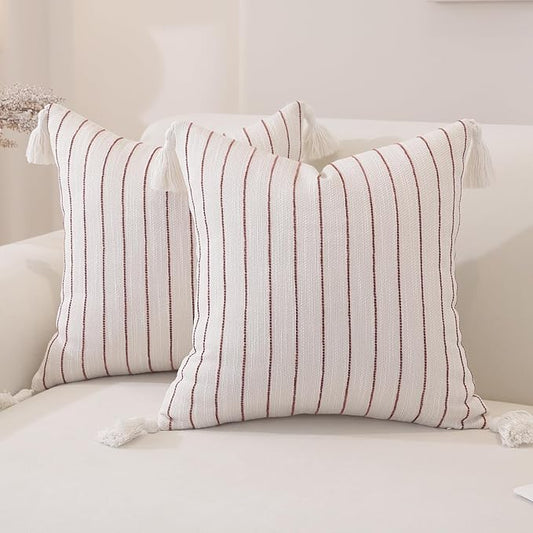 QDTTSRY Decorative Boho Throw Pillow Covers 18x18 Inch Set of 2, Textured Linen Striped Pillow Covers with Tassels, Soft & Cozy Farmhouse Decorative Pillow Cases for Sofa Couch Bed Living Room