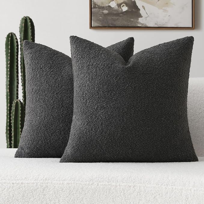 FUTEI Pack of 2 Dark Grey Decorative Throw Pillow Covers 24x24 Inch Soft Cozy Solid Boucle Textured European Cushion Case,Modern Home Decor for Couch Bed Living Room