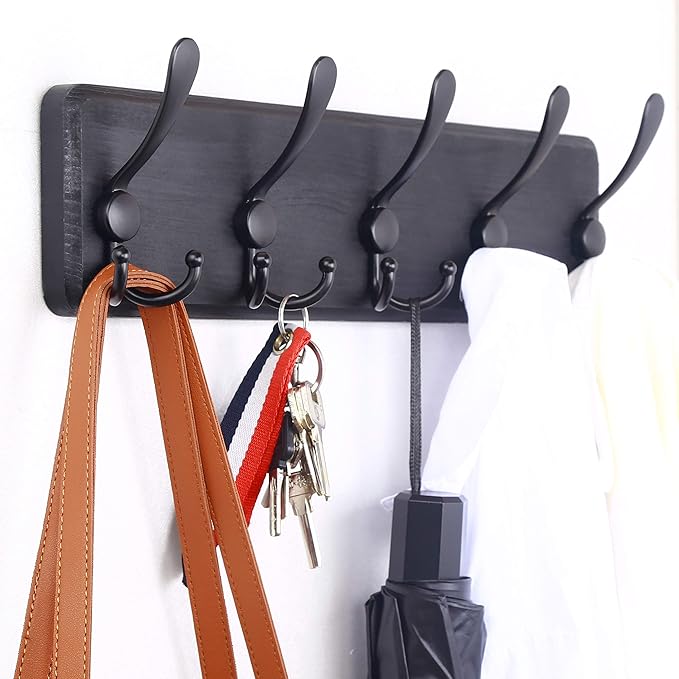 WEBI Rustic Coat Rack Wall Mount,Wood Coat Hooks Wall Mounted Coat Hanger,16" Hole to Hole,Hook Rack Rail,5 Triple Hooks for Hanging Coats,Hats,Jacket,Clothes,Entryway,Black,2 Packs