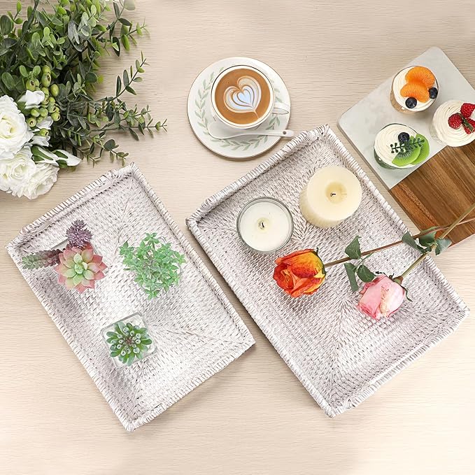 Hipiwe Rattan Serving Tray with Wooden Handles - Hand Woven Decorative Tray for for Coffee Table, Rectangular Basket Ottoman Trays Wicker Fruit Bread Serving Basket, Whitewash