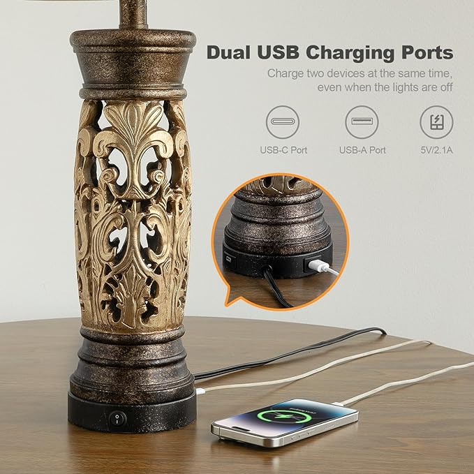 BOBOMOMO 27.25” Antique Gold Table Lamps Set of 2 – Farmhouse Bedside Lamps with Night Light & USB A+C Ports, Vintage Lamps for Bedroom, Living Room, Entryway, Nursery, Reading Nook(Bulbs Included