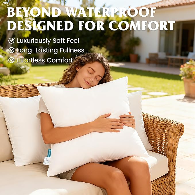 Oubonun 20x20 Waterproof Outdoor Pillow Inserts – Set of 2 Soft & Fluffy, Water Resistant Throw Pillows for Patio, Garden, Porch, or Indoor Decorative