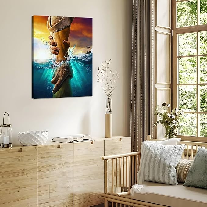 Framed Jesus Christian Canvas Wall Art, The Hand of God Jesus Reaching Into Water Religious Wall Decor Paintings, Blue Ocean Bible Pictures Posters Prints for Church Living Room Bedroom 16x24 Inch