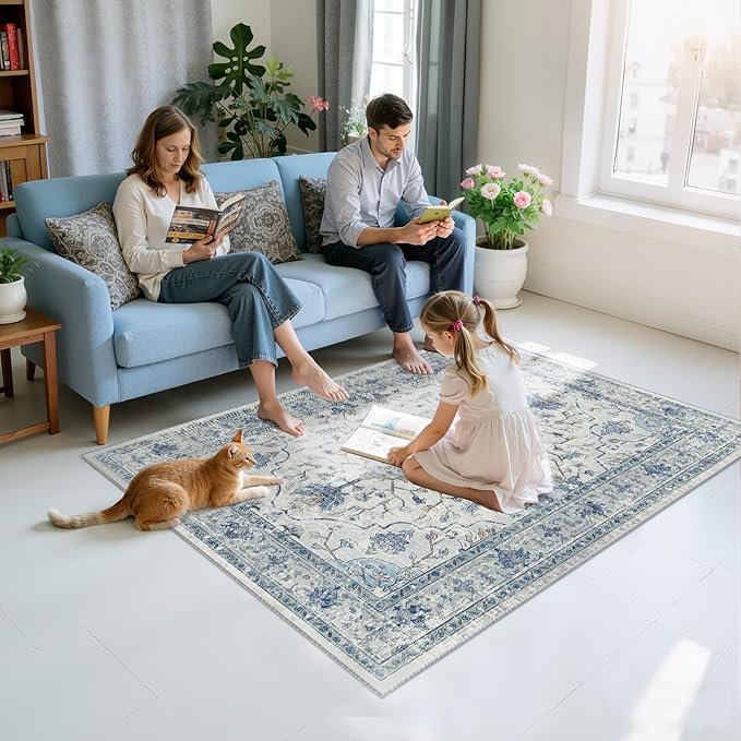 RELEANY Area Rugs 4'x6' Washable Non-Slip, Floral Vintage Distress Print Pattern Medallion Carpet for Living Room Bedroom Dining Room, Light Blue Navy Beige Gray White