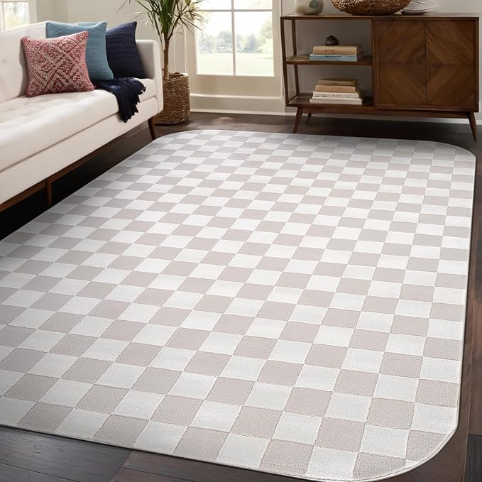 Beverly Rug Modern Geometric Area Rug 5x7 Low-High Pile Durable Soft Abstract Checkered Indoor Rugs for Living Dining Room Office Stain Resistant Non Shedding Casual Indoor Carpet Beige White 5 x 7