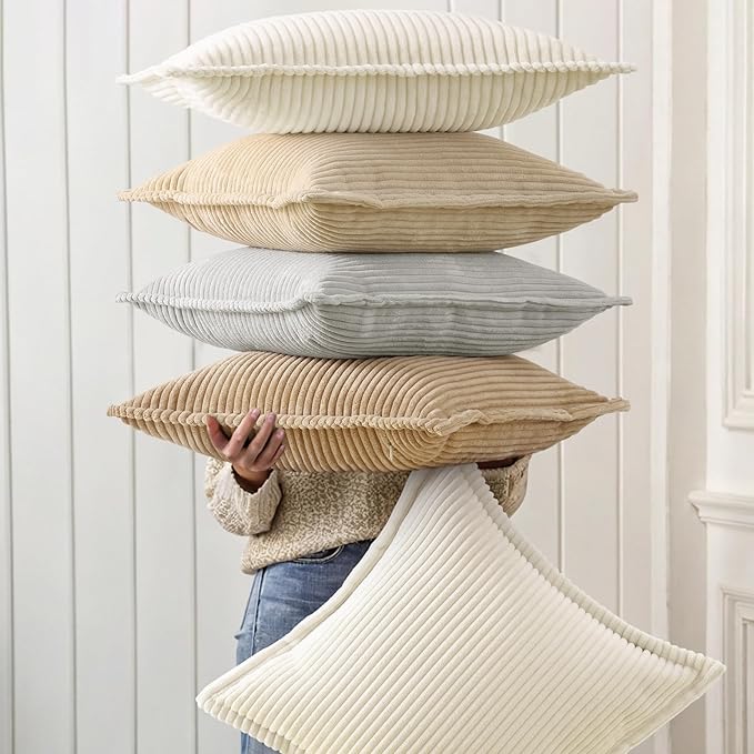 decorUhome Spring Corduroy Beige Throw Pillow Covers 18x18 Set of 2 Decorative Soft Boho Farmhouse Couch Pillow Covers for Living Room Bed Sofa Broadside Striped Pillow Cases