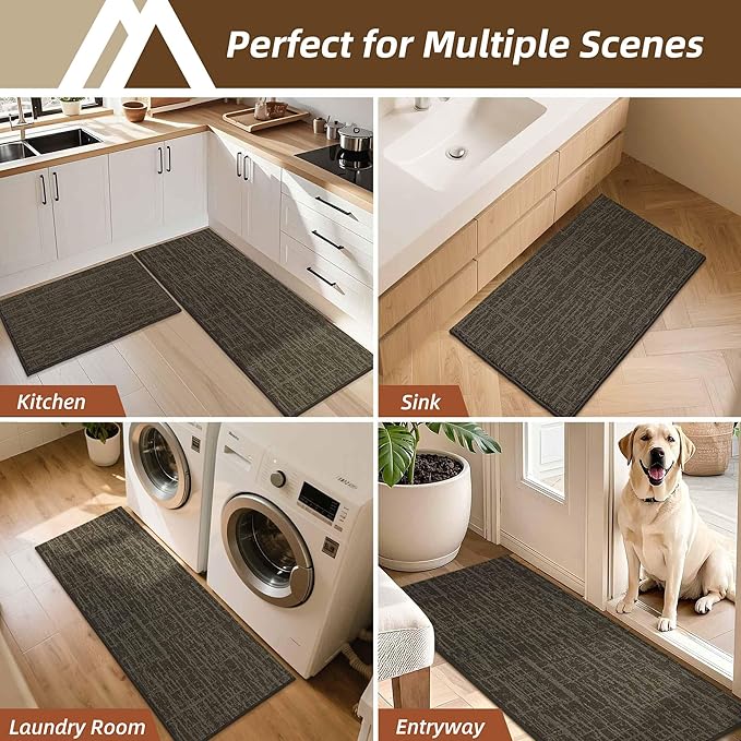 COSY HOMEER Kitchen Rugs Non Slip Washable 24"x36"+24"x60",Absorbent Soft Kitchen Mats for Floor,Polyester Kitchen Runner Rug Sets of 2,Kitchen Floor Mats for Sink Mat,Hallway,Laundry,Brown