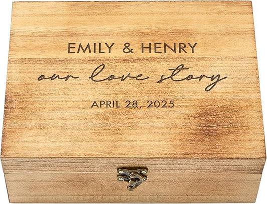 Let's Make Memories Personalized Wooden Keepsake Box With Hinged Lid - Wood Memento Box - Decorative Storage - Home Decor - For Couples, Wedding, Newlyweds - Laser Engraved - Our Love Story Script