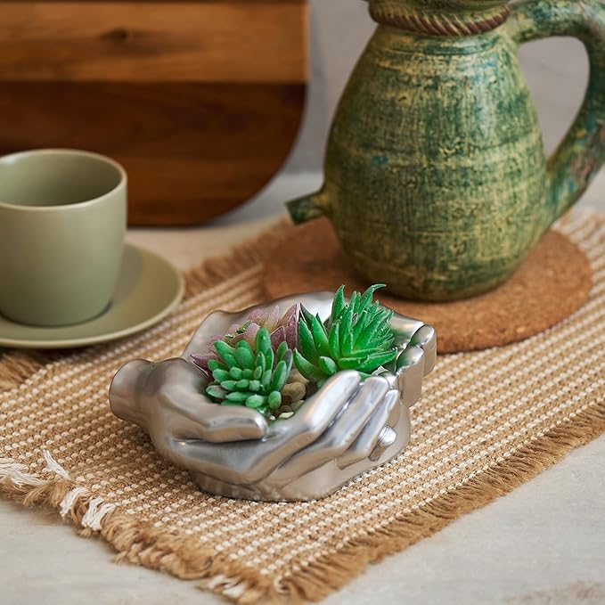 Hand Shaped Succulent Planter Pot - Crystal Holder Display - Air Plant Holder Hand Planter - Giving Hands Sculpture Decor - Key Bowl Ring Dish Trinket Dish Candy Dish - Candle Holder (Silver)