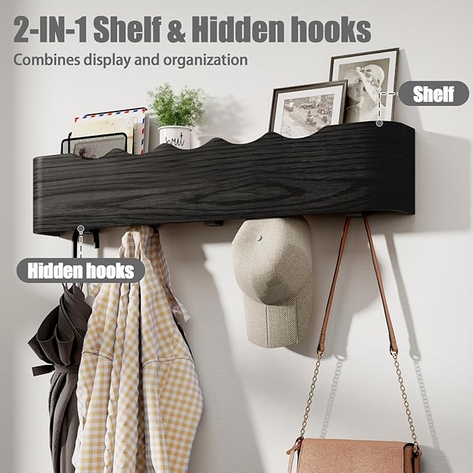Coat Rack Wall Mount with Shelf 5 Hidden Hooks Modern Wooden Key Holder Entryway Organizer for Hallway Bedroom Bathroom Home Decor Storage for Hanging Coats Hats Bags Towels, Wave-Shape Black