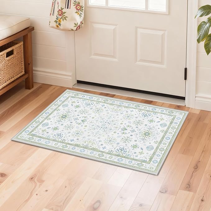 GENIMO 2x3 Runner Rug,Machine Washable Non-Slip Vintage Rugs,Low Pile Lightweight Carpet for Bedroom,Hallway,Entryway,Kitchen,Bathroom,Creamgreen