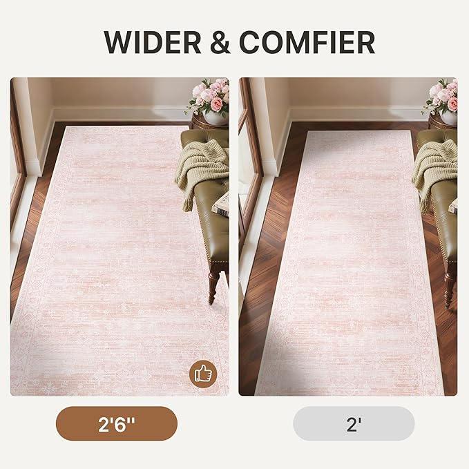 GENIMO 2'6''x6 Runner Rug,Machine Washable Non-Slip Vintage Rugs,Low Pile Lightweight Carpet for Bedroom,Hallway,Entryway,Kitchen,Bathroom,Pink