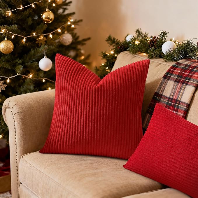 Mecatny Christmas Decorative Corduroy Throw Pillow Covers 18x18 Set of 2 for Sofa Living Room, Soft Neutral Boho Couch Pillow Covers for Home Decor, Christmas Red