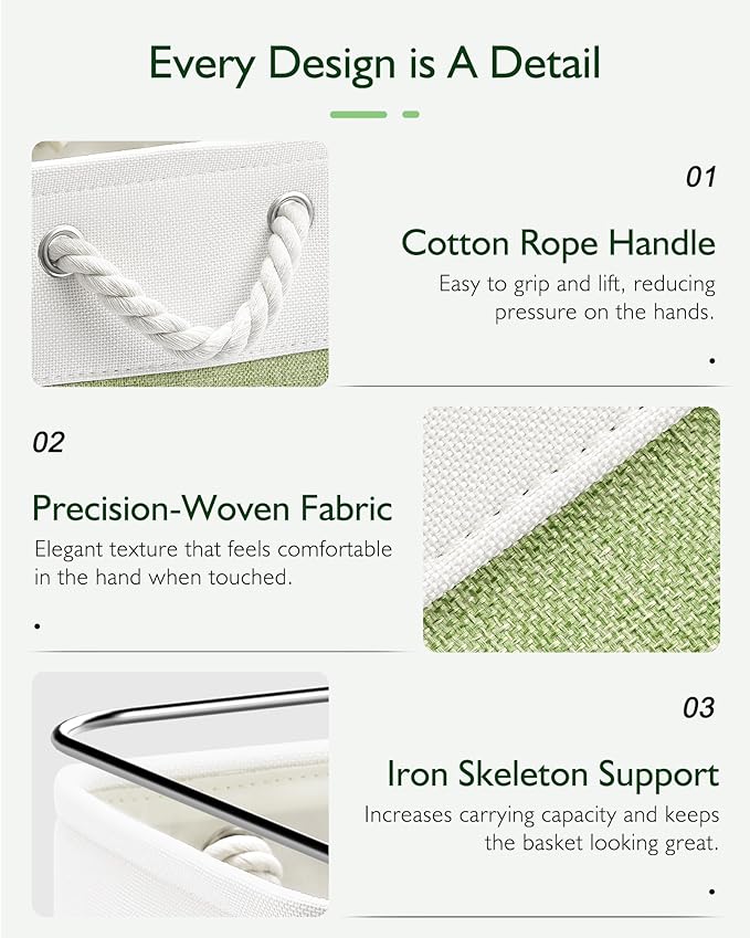 11 Inch Storage Cubes 6-Pack, Foldable Fabric Organizer Bins with Rope Handles, Cube Storage Baskets for Closet Shelves and Home Organization(White/Green)