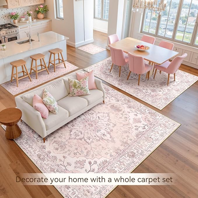 RELEANY Area Rugs 6'x9' Washable Non-Slip, Floral Vintage Distress Print Pattern Medallion Carpet for Living Room Bedroom Dining Room, Pink Greypink Cute