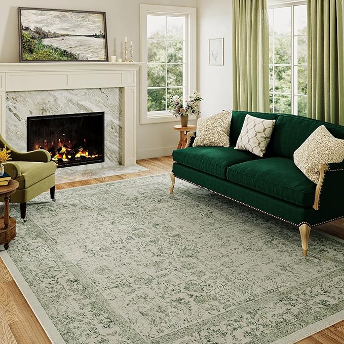 PureCozy Sage Green Area Rug 3x4 Washable Office Entryway Carpet Vintage Distressed Non Slip Kitchen Indoor Entry Neutral Low Pile Retro Floral Farmhouse Throw Mat for Laundry Dining Room Bedroom