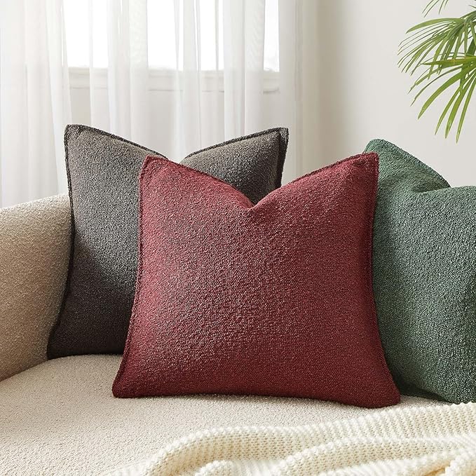 JUSPURBET Throw Pillow Covers 20x20 Set of 2 Decorative Pillow Covers for Couch Sofa Bed Cozy Boucle Textured Cushion Covers Cases with Invisible Zipper for Living Room Home Decor,Burgundy