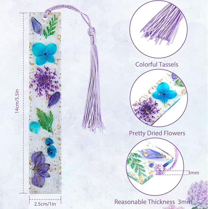 Rohuis Book Page Holder for Reading, 4Pcs Dried Flower Resin Thumb Saver and Transparent Bookmarks with Tassels, Book Accessories for Reading Lovers, Gift for Bookworm, Student, Teacher