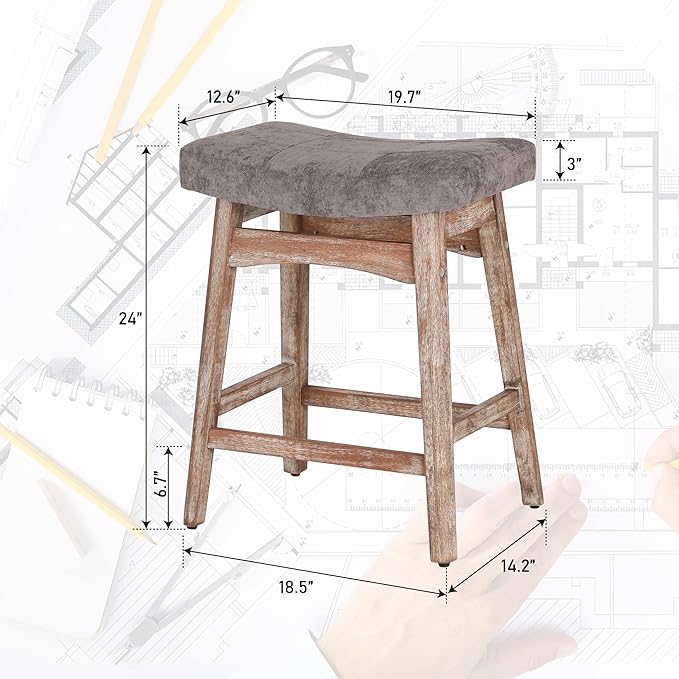 Sophia & William Counter Height Bar Stools for Kitchen Island, 24" Counter Stools with Solid Wood Legs,Vintage Linen Seat Upholstered Farmhouse Bar Stools,Grey,1PC