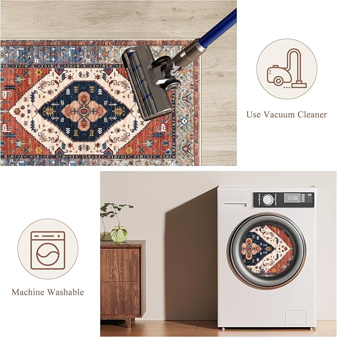 Pauwer Kitchen Rugs Sets of 3 Non Slip Washable Kitchen Mats for Floor Farmhouse Kitchen Floor Mat Runner Rug Boho Kitchen Sink Rug Carpet for Kitchen Hallway Laundry Room, Rust