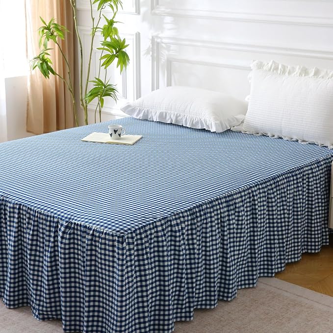 Silnuo Navy Blue/White Plaid Bed Skirt Washed Cotton Vintage Gingham Checkered Dust Ruffle Queen Size 14" Bedding(1 Bed Skirt Only)