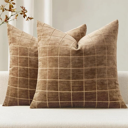 MIULEE Decorative Chenille Check Throw Pillow Covers Vintage Plaid Couch Pillows 18x18 Inch Set of 2 Neutral Boho Farmhouse Cushion Covers Modern Home Decor for Sofa Bed Living Room Toffee