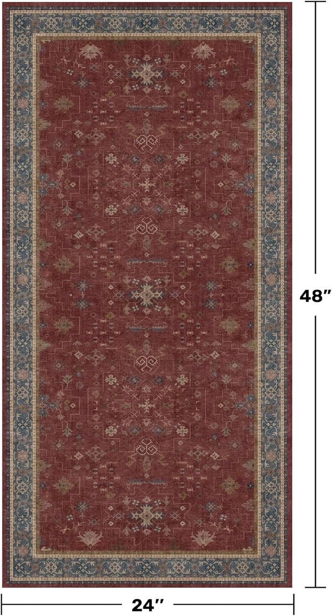 Hazo Haus Burgundy 2x4 Washable Entry Rug for Inside House, Kitchen Floor, Thin Door Mats for Inside Entry, Washable Non Slip Low Pile Stain & Fade Resistant, Modern Eclectic Floral Decor