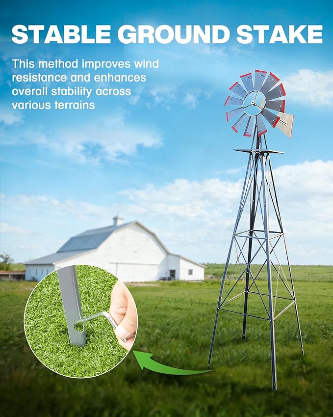 8FT Windmill for Yard Garden Decoration with Weather Vanes，Heavy Duty Outdoor Wind Mills, Large Metal Outdoor Windmill,Weather Resistant,Gray
