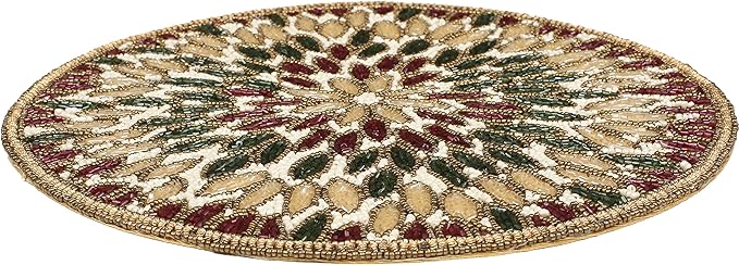 Beaded Charger 13" Round Floral Marigold – Gold, Red, Green, Placemats for Dining Table, Beaded Charger, Holiday & Christmas Décor