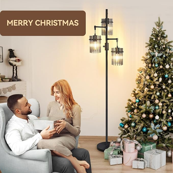 VOUTOORO Industrial Modern Floor Lamps for Living Room, Dimmable Glass Tree Standing Tall Lamps with 3 Elegant Teardrop Cage Head & 1200 Lumens LED Bulbs for Bedroom Office (66inch Tall)