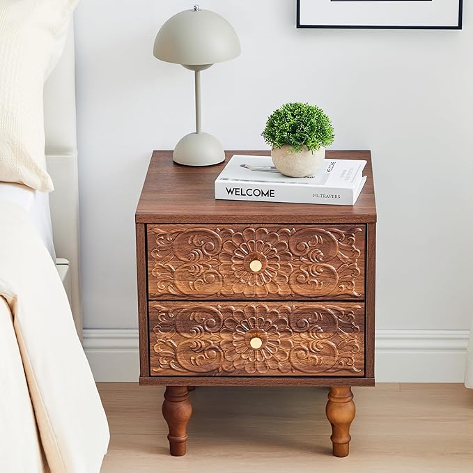 Nightstand, Farmhouse Bedside Table with 2 Drawers and Metal Handles, Wood Sofa Side Table End Table Accent Dresser for Bedroom, Living Room (Walnut) (15.75 x 16.02 x 18.15 Inch)