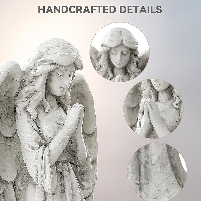 Praying Angel Statue for Outdoor Garden, 26.4 Inch Large Heavenly Memorial Sculpture,Durable MGO Stone Standing Angels for Yard, Patio or Cemetery Decor,Offering Comfort & Peace, Antique White