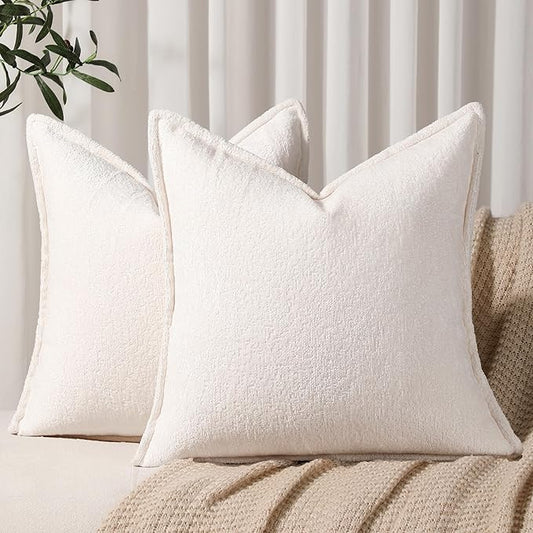 DEZENE Pack of 2 Cream White Decorative Throw Pillow Covers 22x22 Cozy Soft Chenille Accent Vintage Square Couch Pillow Covers for Home Decor Bed Sofa Living Room