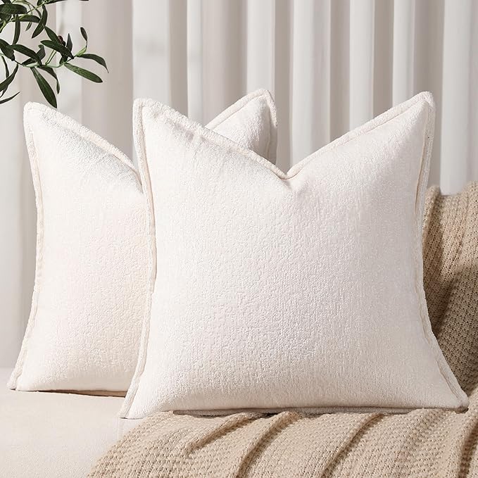 DEZENE Pack of 2 Cream White Decorative Throw Pillow Covers 20x20 Cozy Soft Chenille Accent Vintage Square Couch Pillow Covers for Home Decor Bed Sofa Living Room