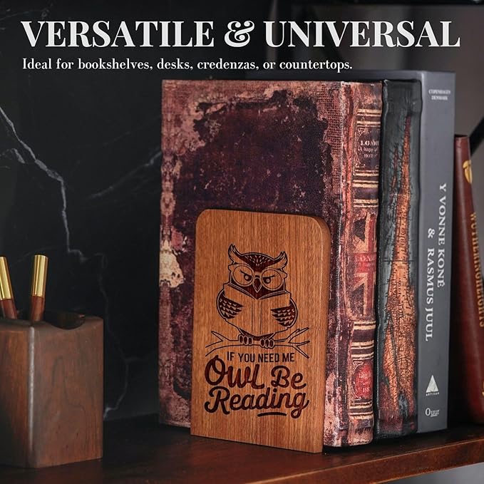 Owl Gifts for Women Men, Owl Bookends, Heavy Duty Wooden Book Ends for Shelves Decorative(1 Pair, 4.72x6.69 Inches)