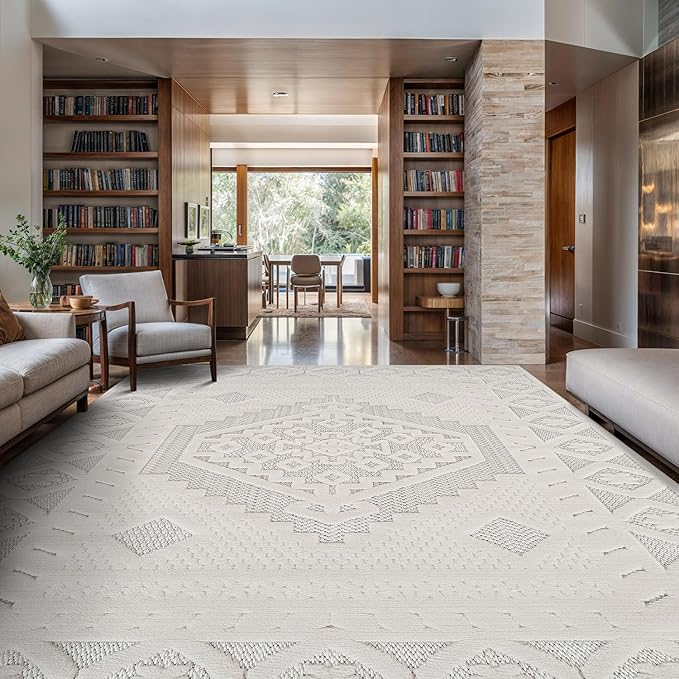Luul Home Modern Micro Loop Indoor Area Rugs for Living Room Bedroom Kitchen Geometric Trellis White 5x7 Luxury Durable Low and High Pile Non-Shedding Stain Resistant Soft Area Carpet 5 x 7